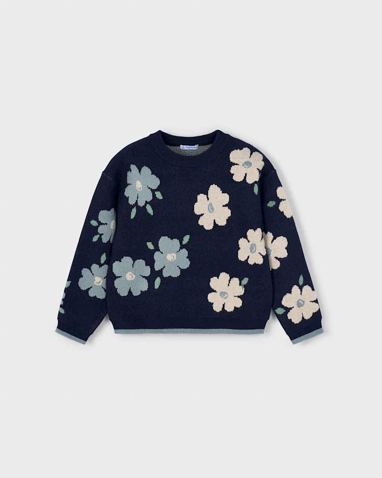 Maglione jacquard blu a maniche lunghe e maxi fiori multicolor
