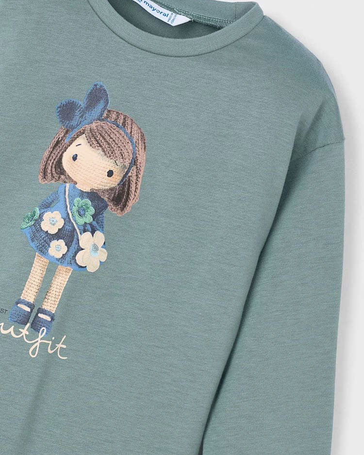 T-shirt Mayoral color salvia in puro cotone a maniche lunghe con bambolina image