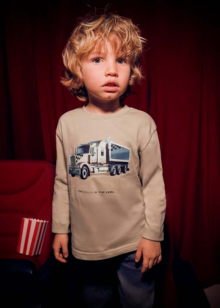 T-shirt Mayoral beige in puro cotone a maniche lunghe con stampa camion