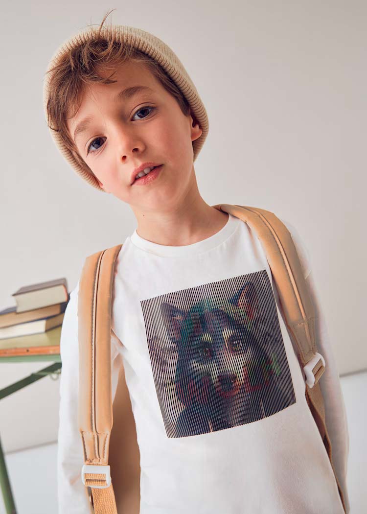 T-shirt color avorio in puro cotone a maniche lunghe con stampa 3D lupo