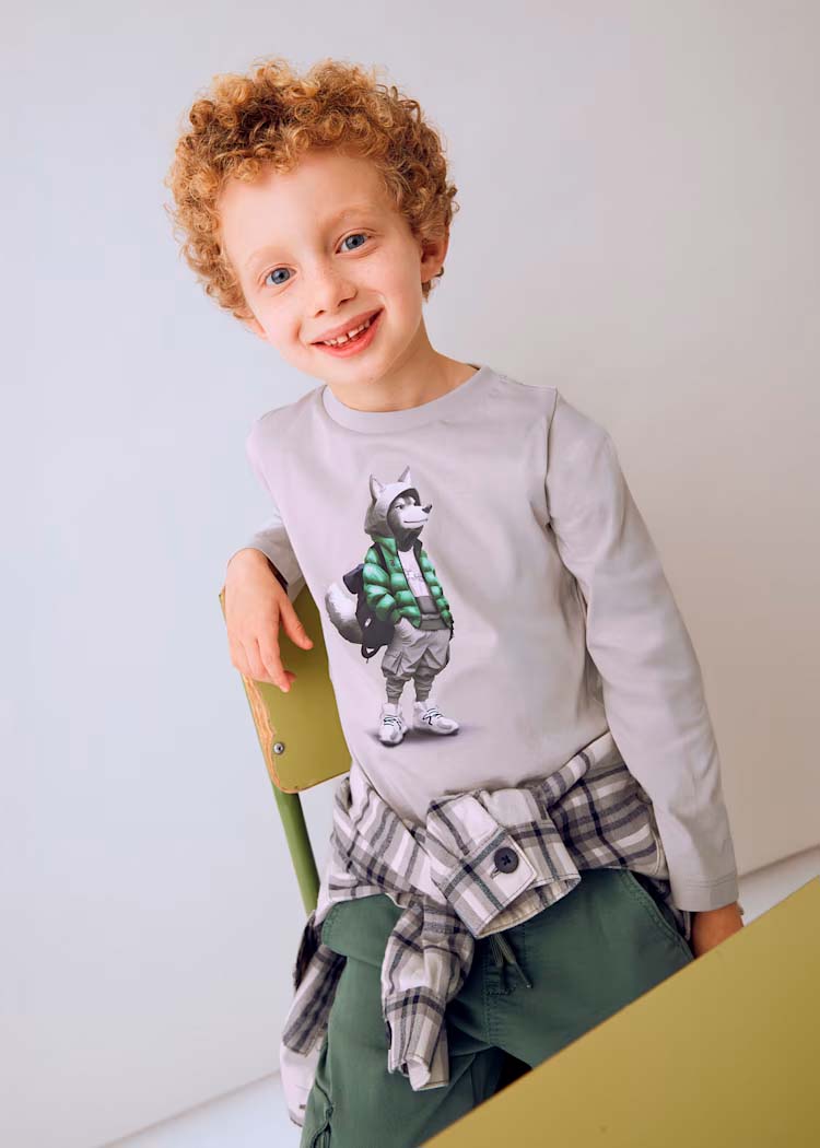 T-shirt grigia in puro cotone a maniche lunghe con stampa lupo