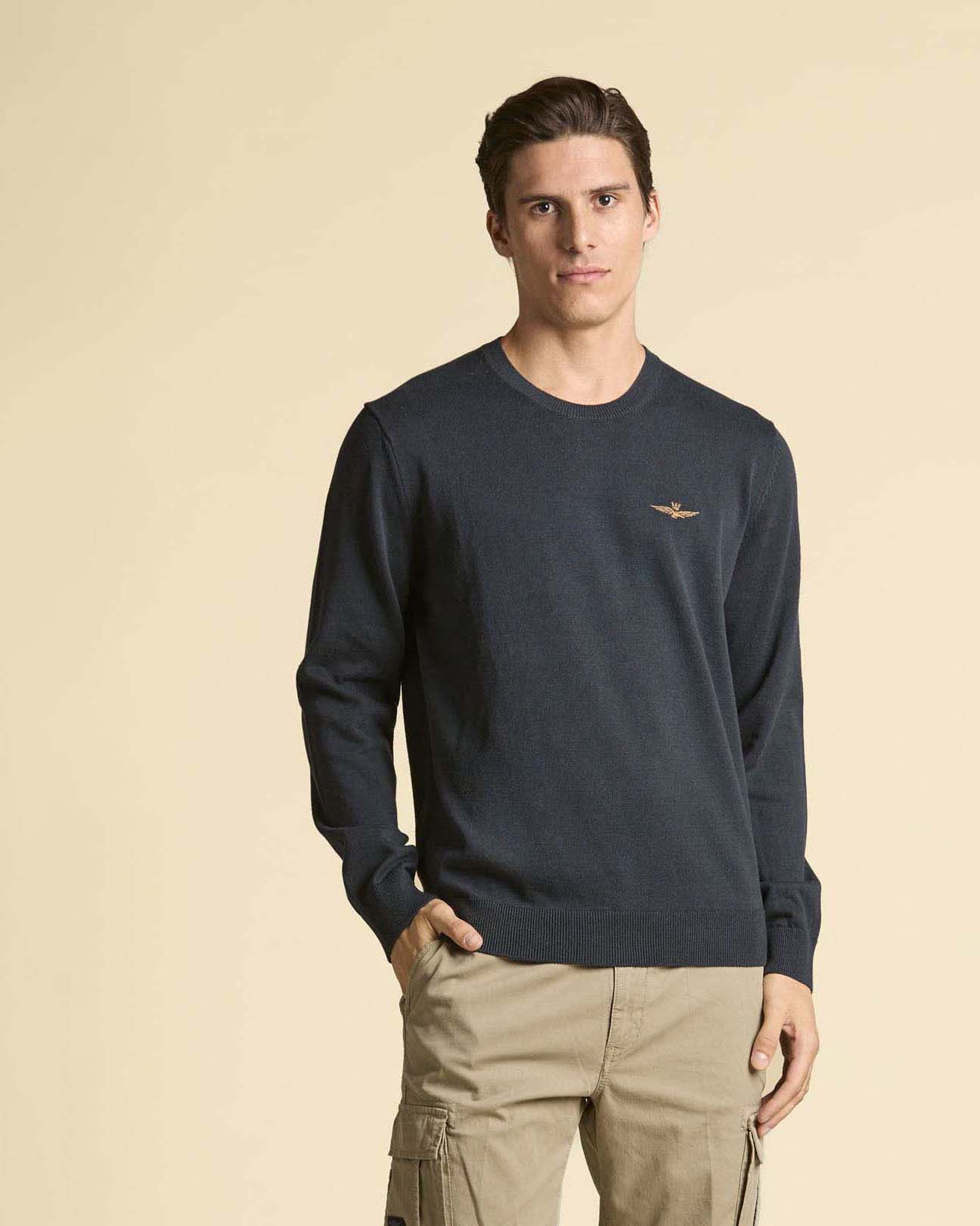 Maglioncino girocollo blu in puro cotone