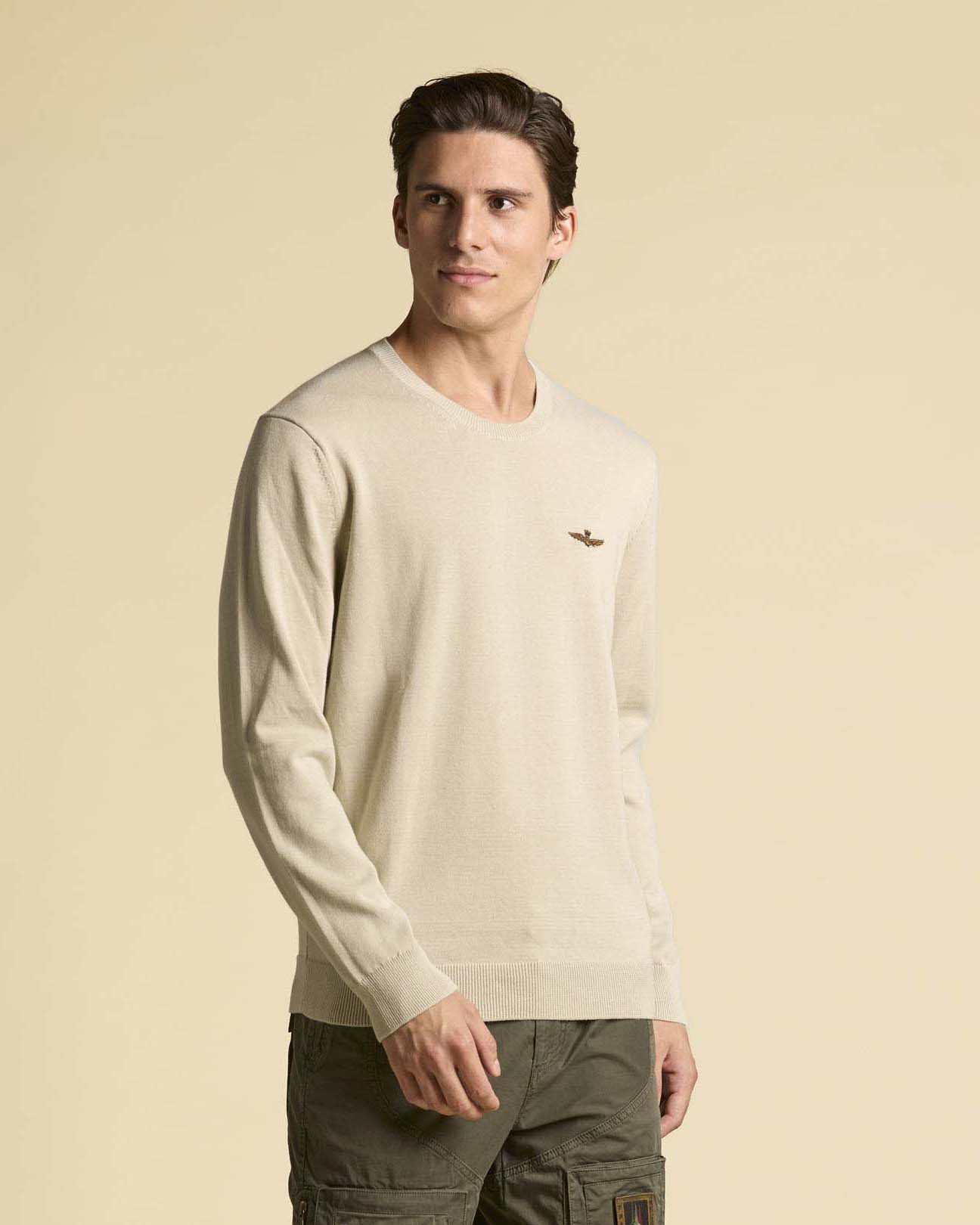 Maglioncino girocollo Aeronautica Militare beige in puro cotone