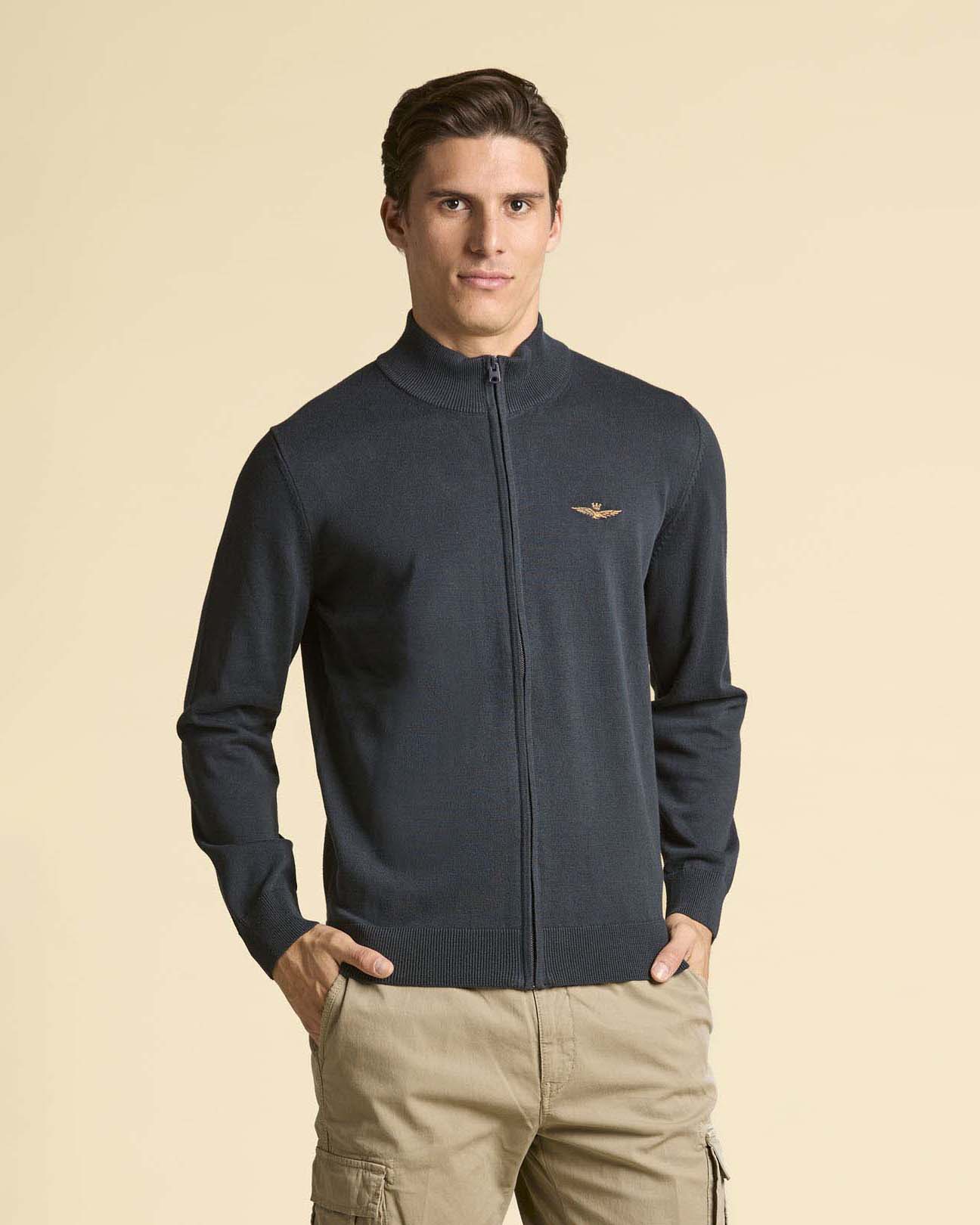Maglia blu in puro cotone con chiusura zip