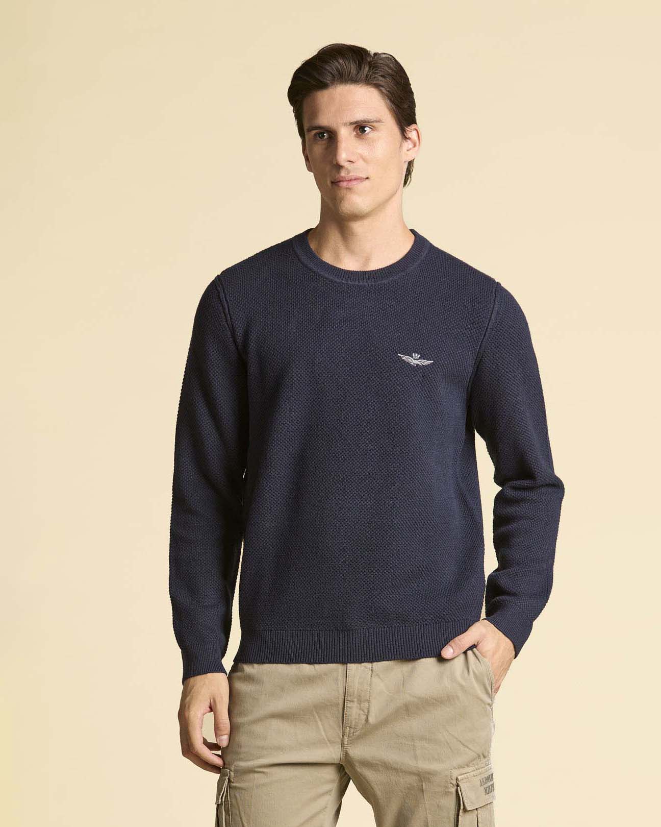 Maglia girocollo blu in misto lana e cotone a nido d'ape