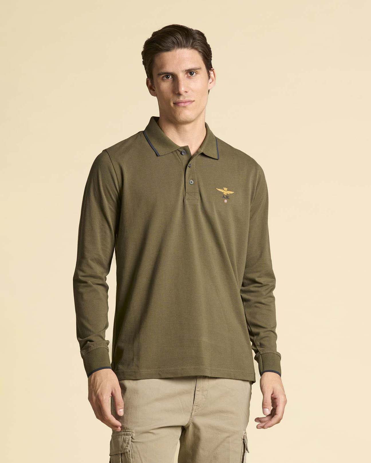 Aeronautica Militare — Polo manica lunga Aeronautica Militare verde militare in micro piquè di puro cotone con bordino blu