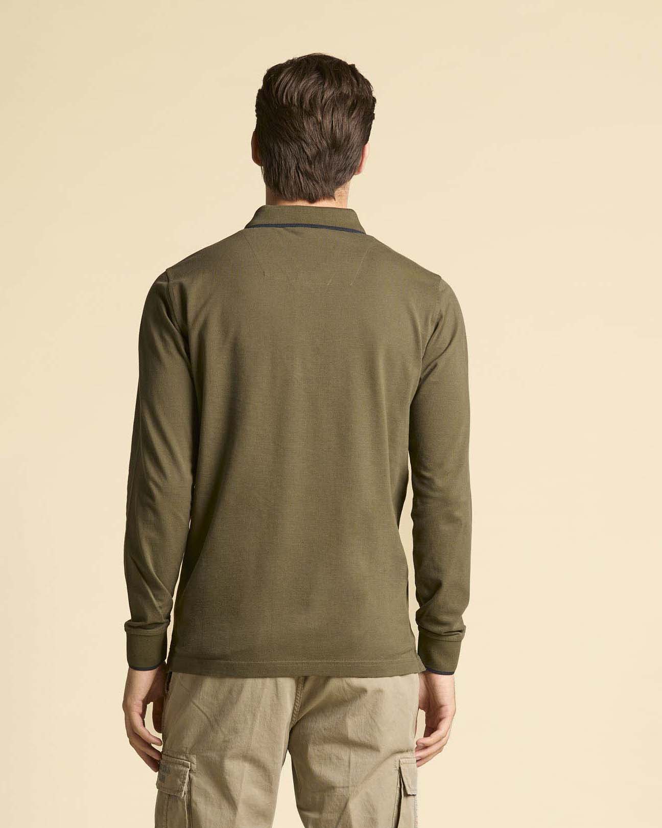 Polo manica lunga Aeronautica Militare verde militare in micro piquè di puro cotone con bordino blu image