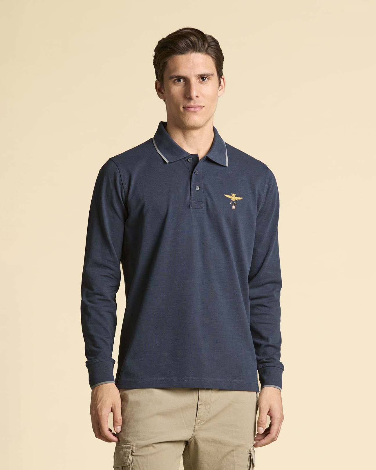 Polo manica lunga Aeronautica Militare blu in micro piquè di puro cotone con bordino grigio
