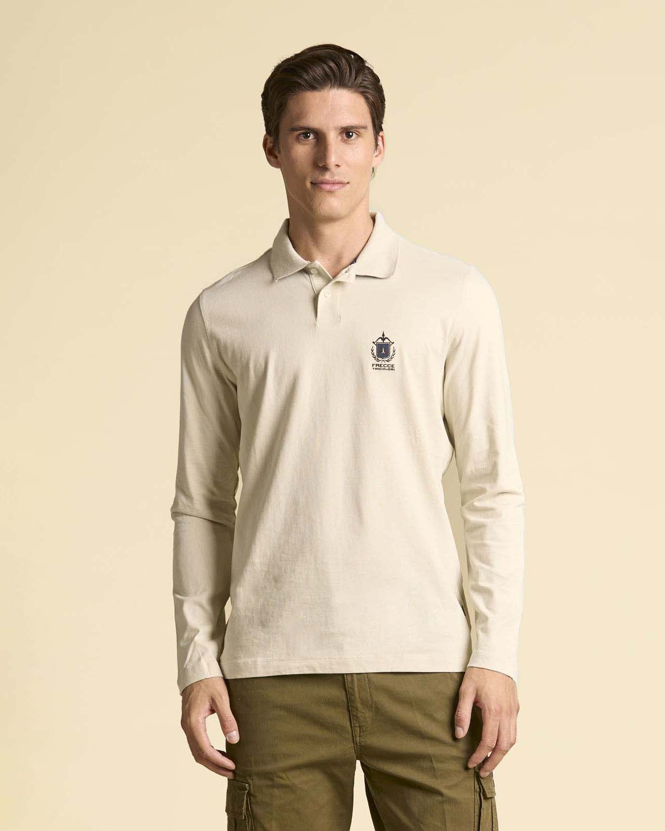 Polo manica lunga beige in jersey di puro cotone con logo Frecce Tricolori