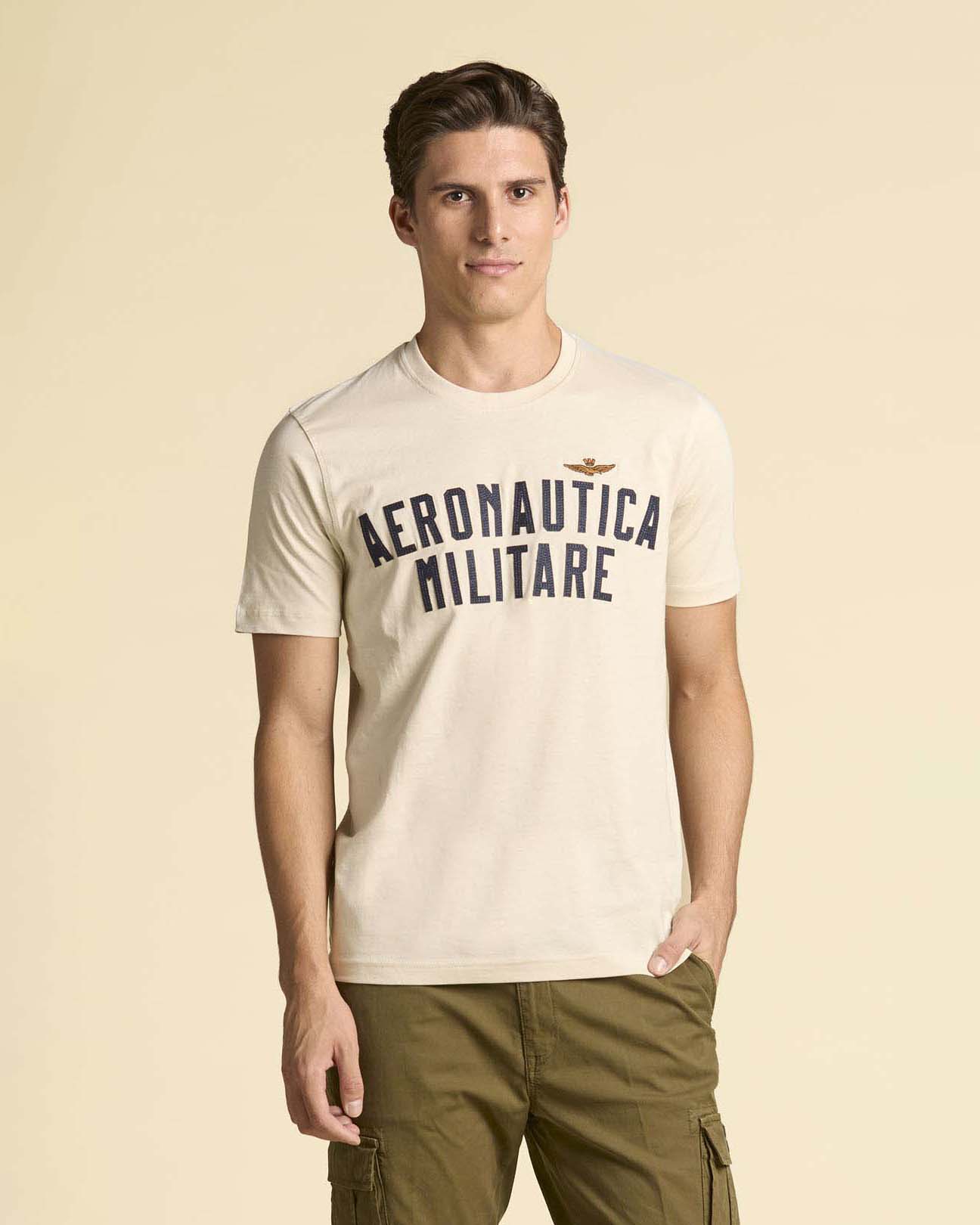 T-shirt mezza manica beige con logo scritta ricamato sul petto
