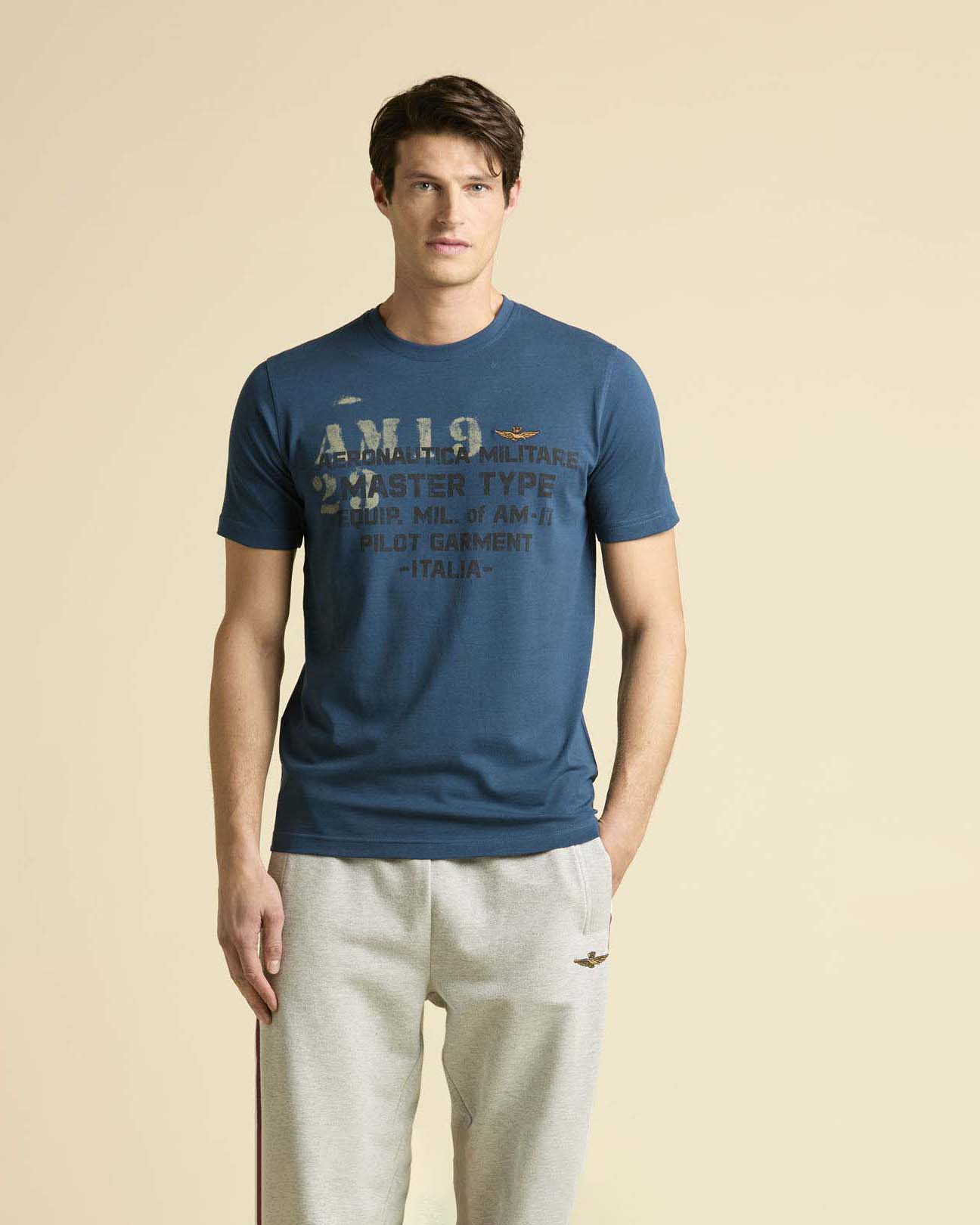 T-shirt mezza manica Aeronautica Militare ottanio con stampa scritte e logo sul petto