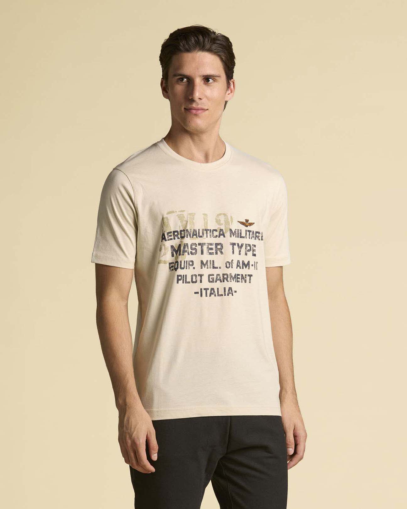 T-shirt mezza manica beige con stampa scritte e logo sul petto