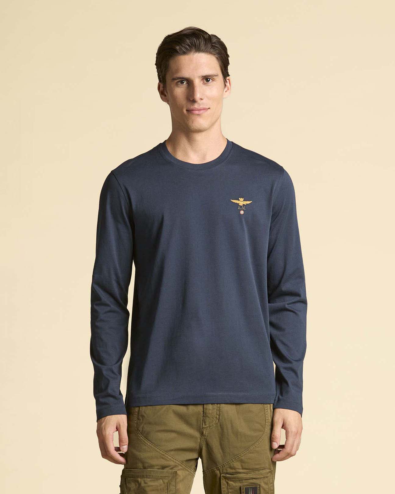 Aeronautica Militare — T-shirt manica lunga Aeronautica Militare blu con ricamo aquila turrita sul petto