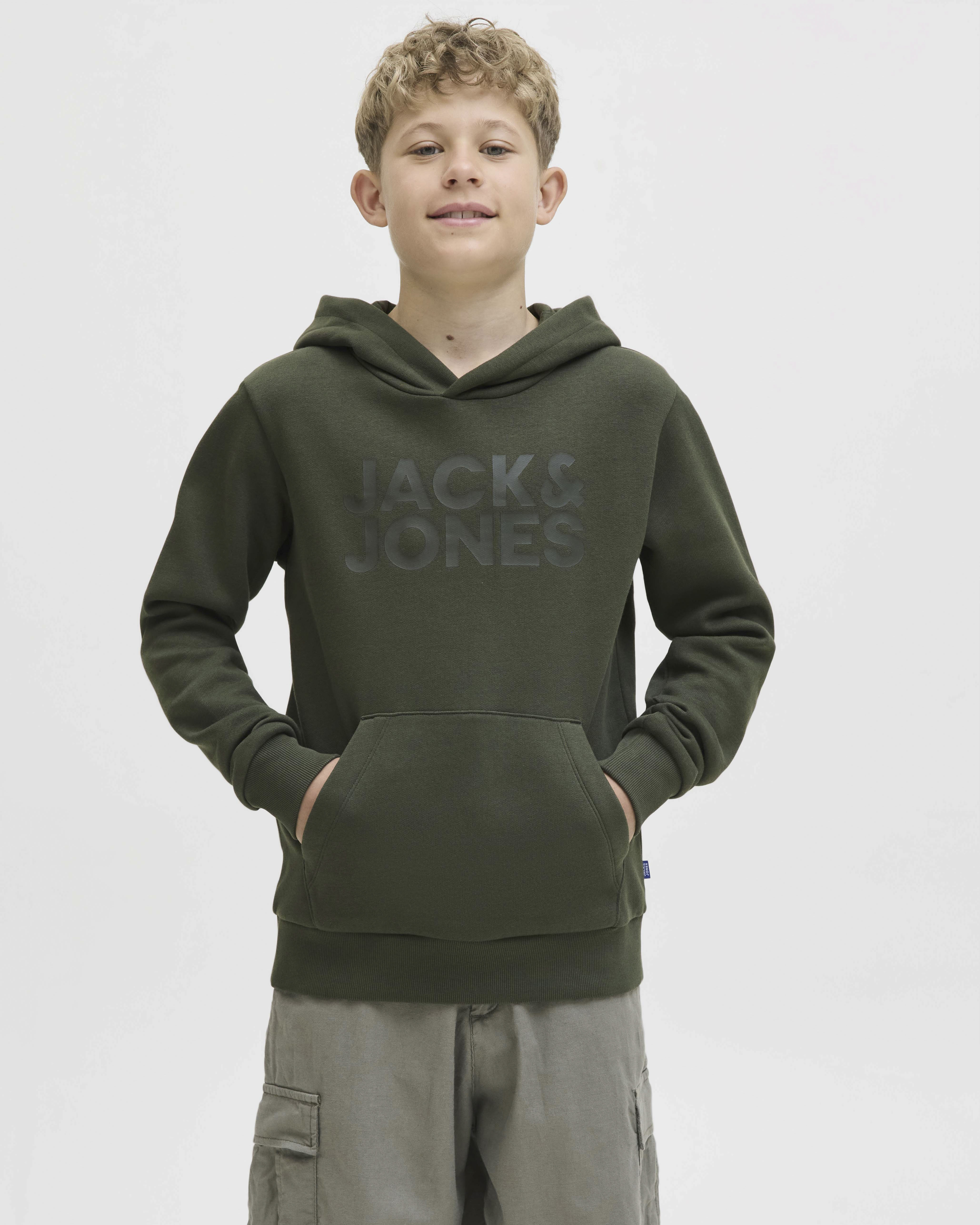 Felpa verde militare a maniche lunghe con cappuccio e scritta logo