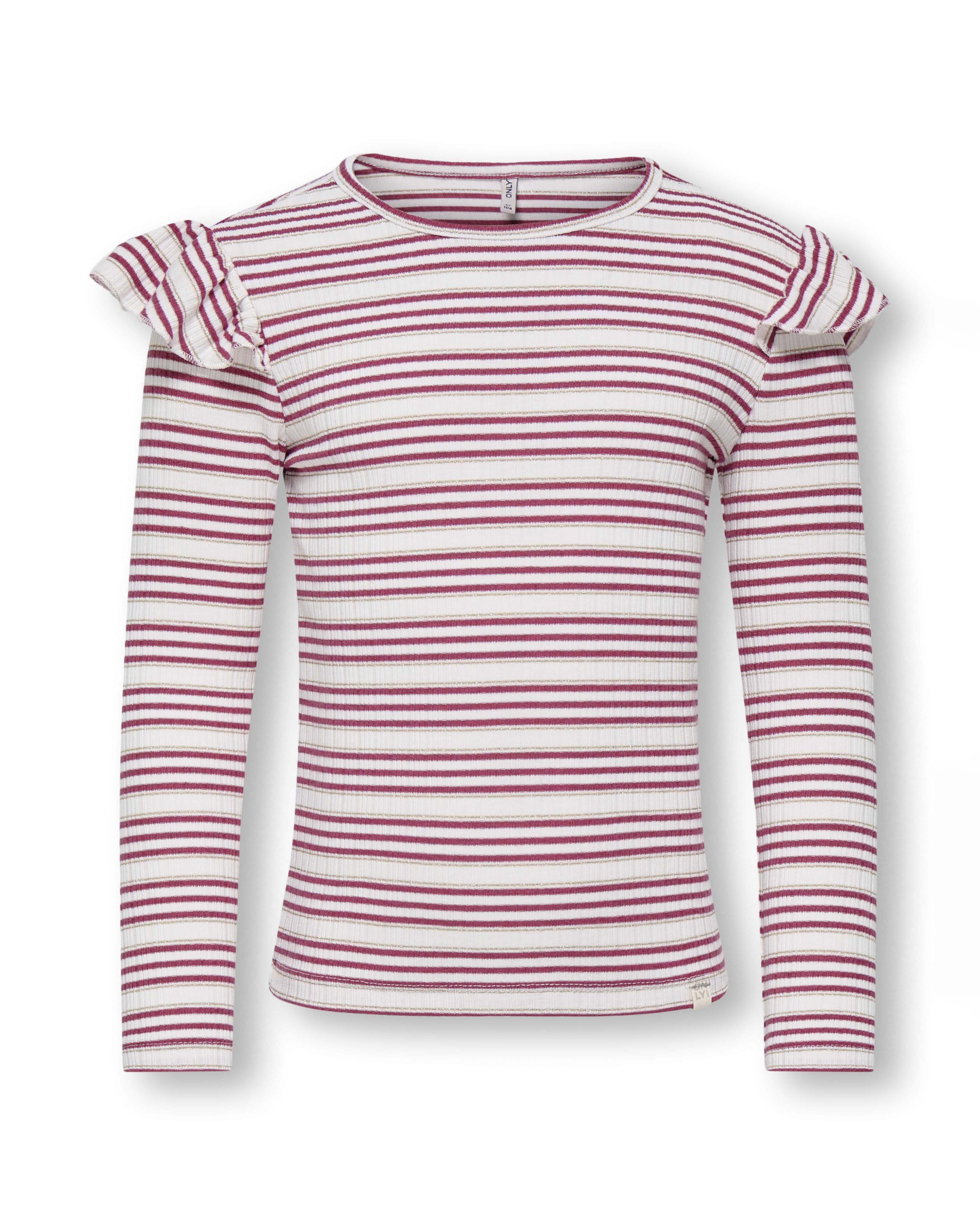 T-shirt Kids Only a maniche lunghe a righe avorio e bordeaux con volant