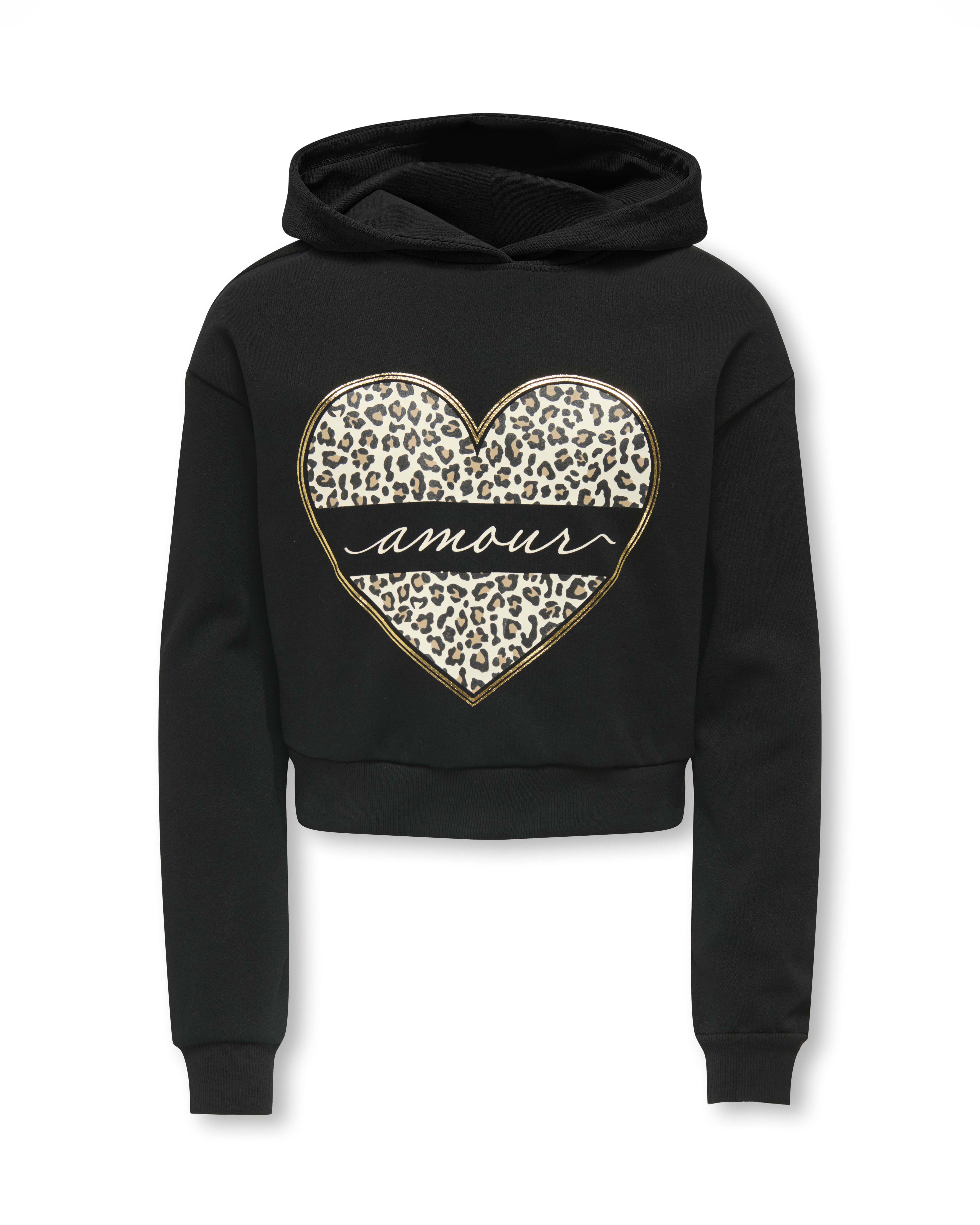 Felpa Kids Only nera in misto cotone con cappuccio e cuore maculato