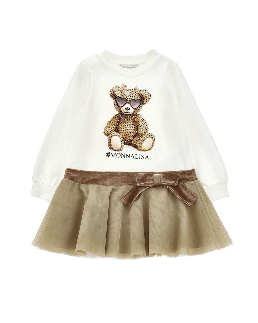 Abito Monnalisa avorio e beige con gonna in tulle e orsetto in strass