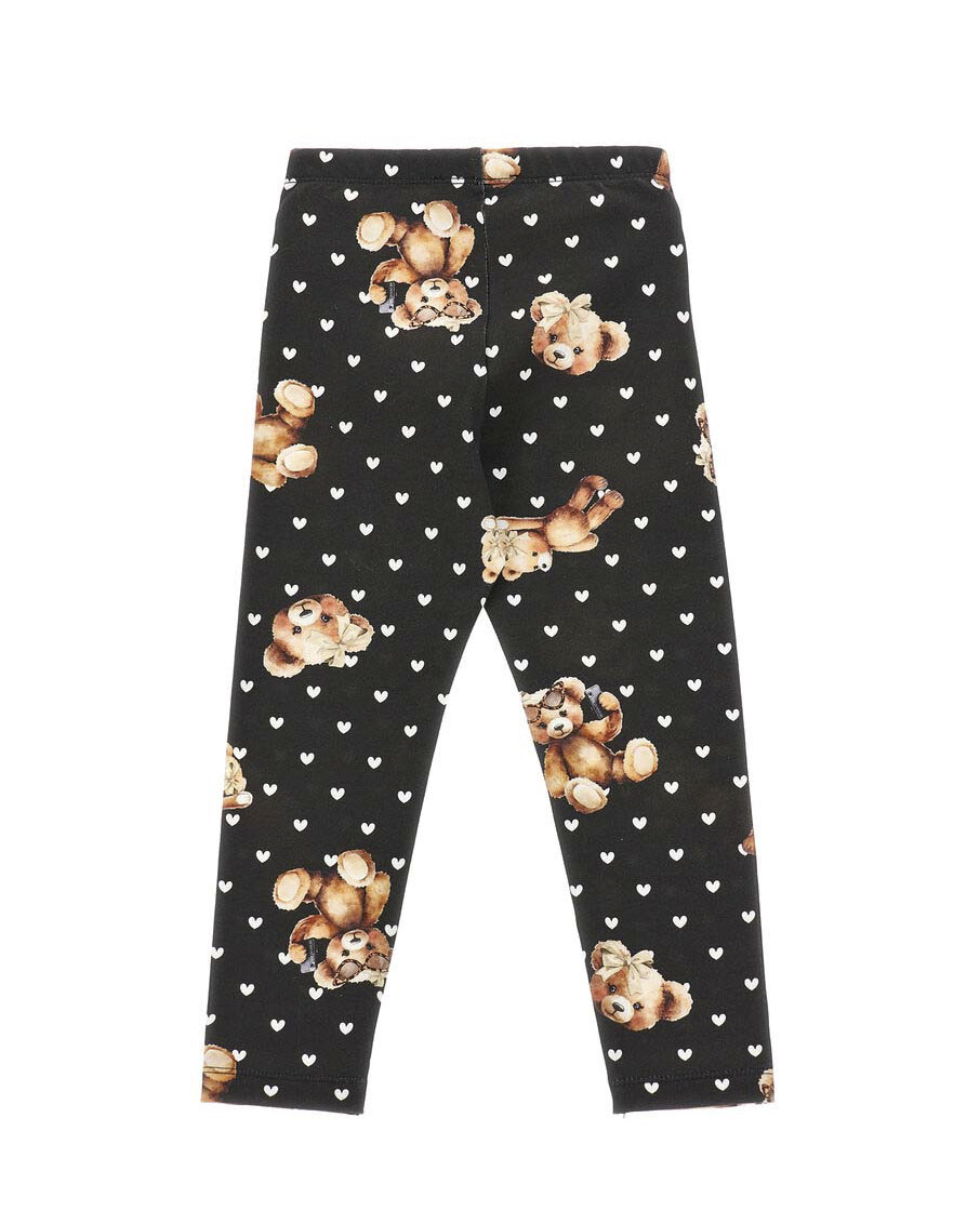 Leggins nero Monnalisa in cotone stretch con cuori e orsetti image