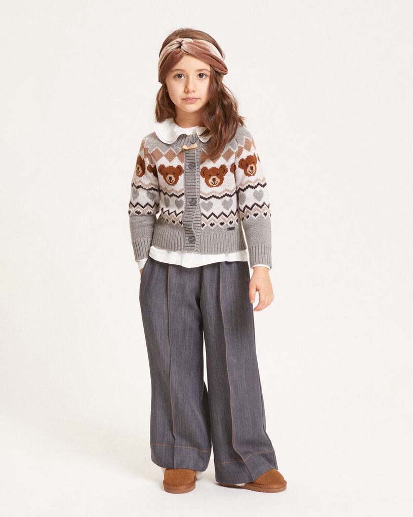 Cardigan Monnalisa grigio con orsetti e fantasie geometriche tricot image