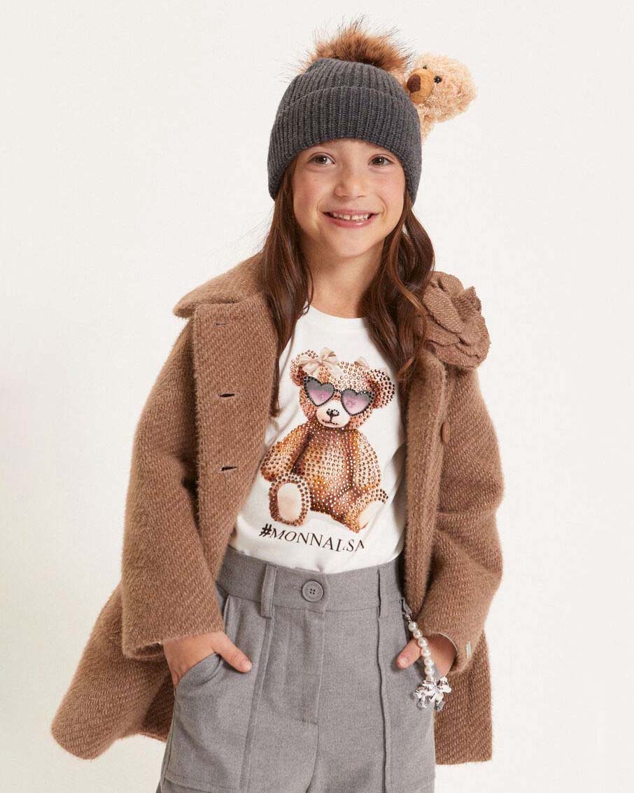 T-shirt Monnalisa bianca in cotone stretch a maniche lunghe con orsetto strass image