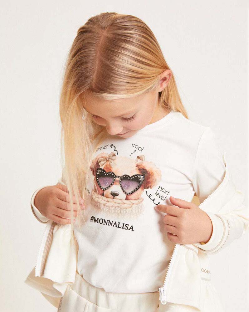 T-shirt Monnalisa avorio in cotone stretch a maniche lunghe con orsetto image