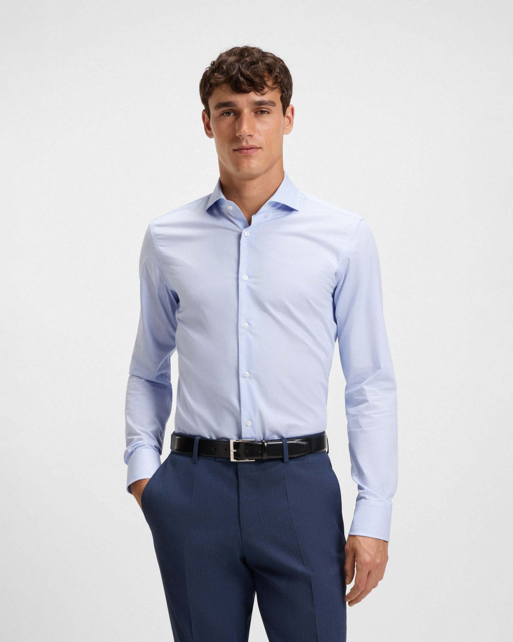 Camicia Spread in twill di puro cotone a righine bianche e azzurre con colletto aperto alla francese