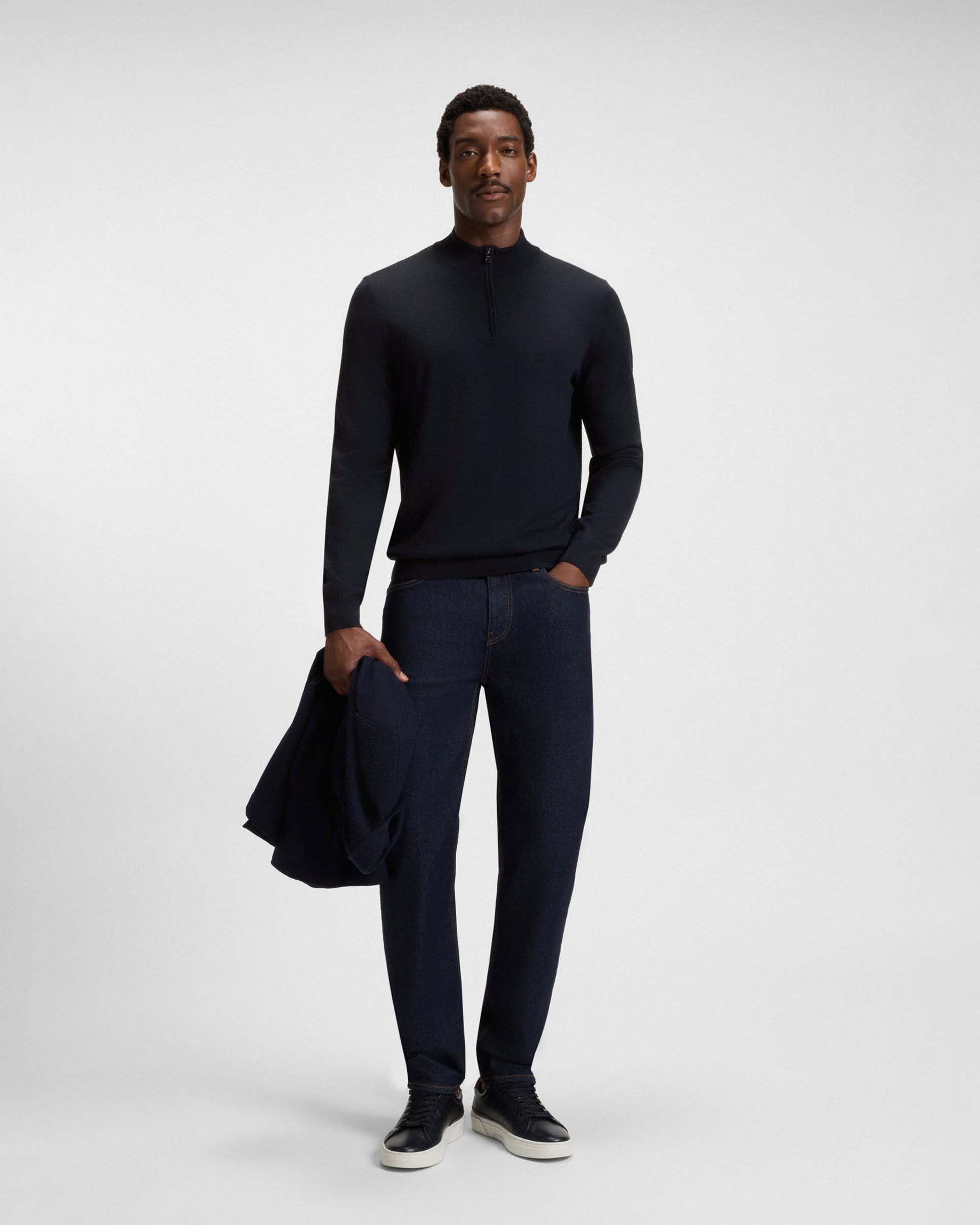 Maglia blu in pura lana vergine con apertura a mezza zip