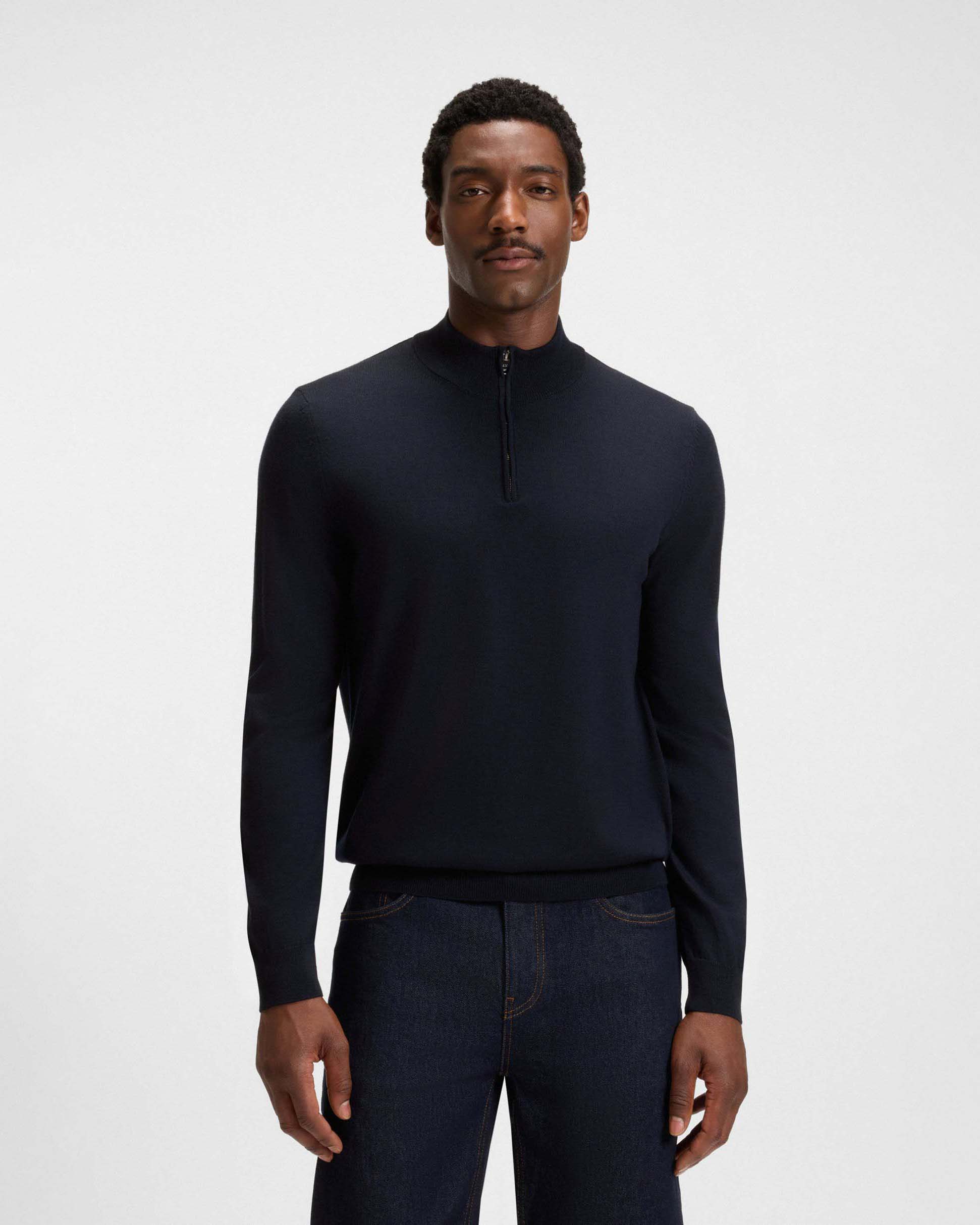 Maglia Boss blu in pura lana vergine con apertura a mezza zip image