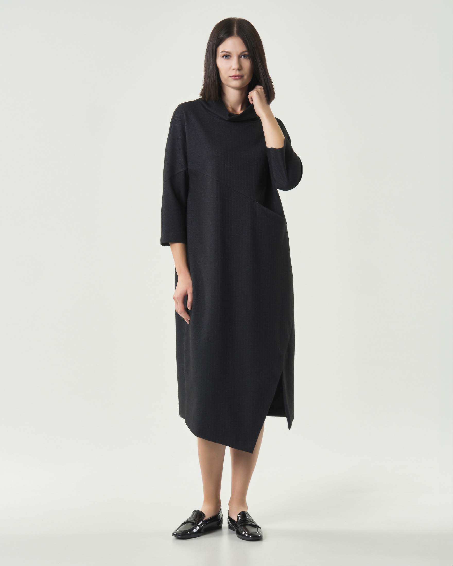 Abito midi grigio antracite spinato in misto viscosa stretch con maniche tre quarti