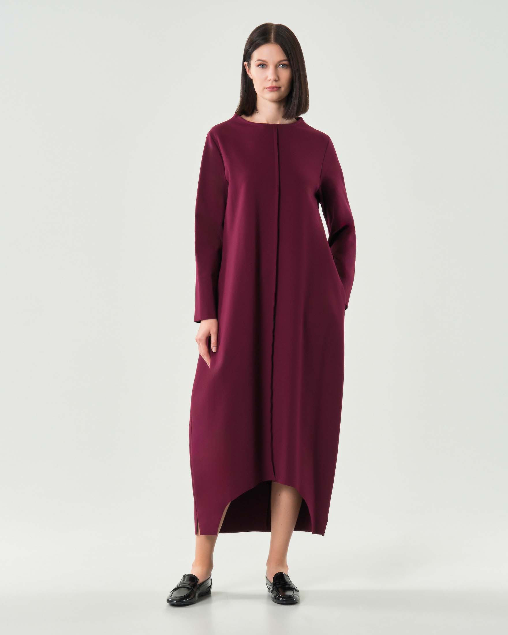 Abito lungo bordeaux Jurerê in viscosa punto Milano dalla linea a uovo con fondo ad arco
