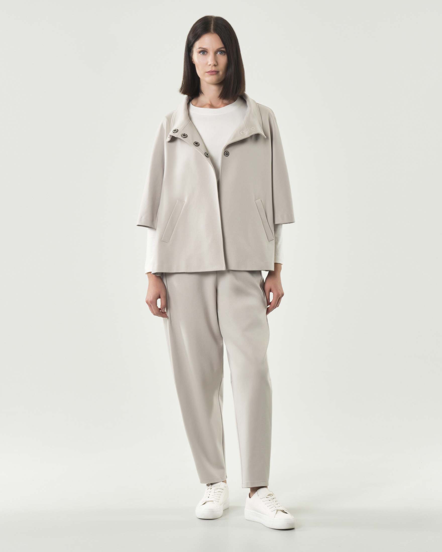 Pantaloni a pallocino color ghiaccio in misto viscosa stretch punto Milano con elastico inserito in vita