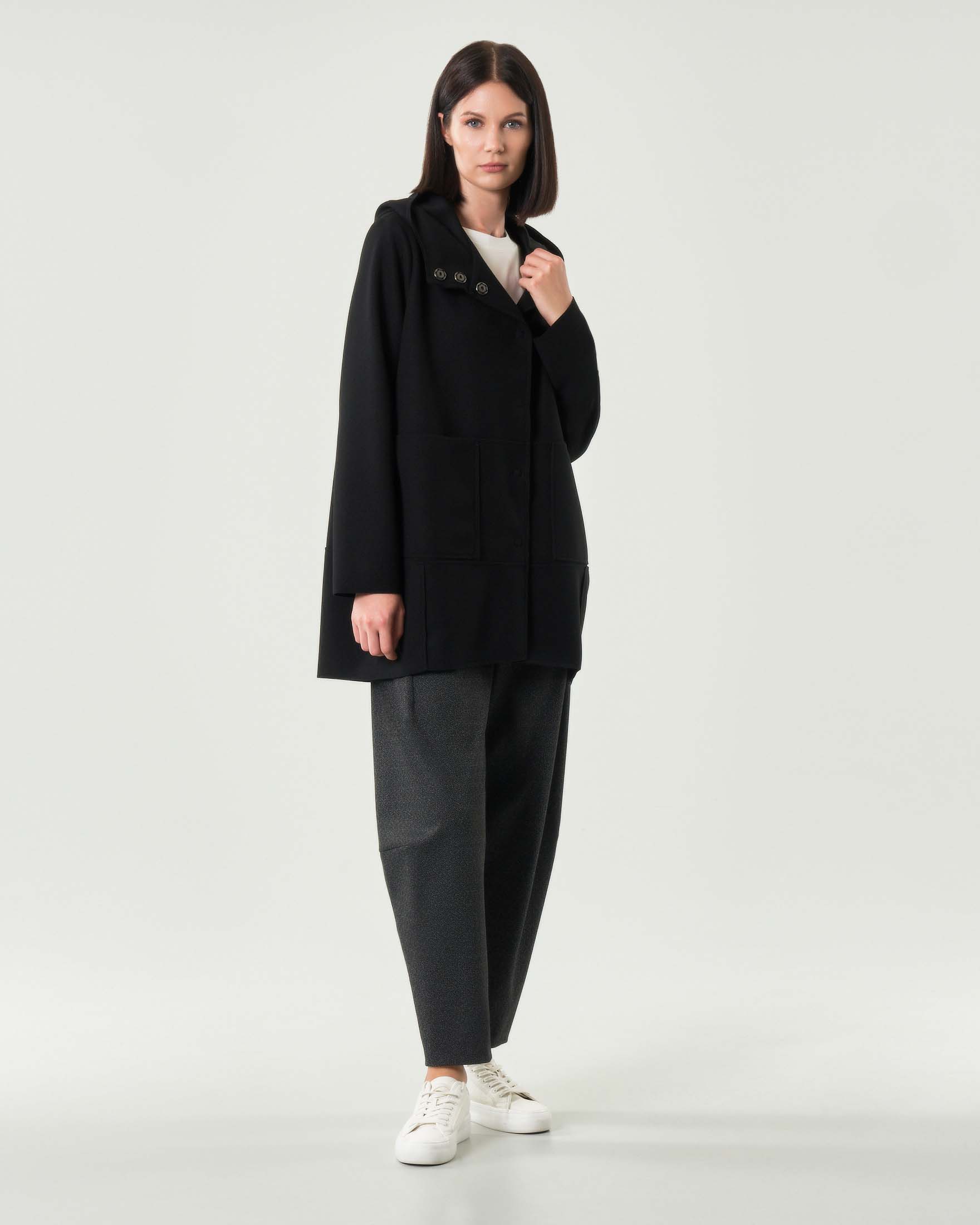 Pantaloni a pallocino Jurerê grigi in misto viscosa stretch punto Milano a microfantasia jacquard nera