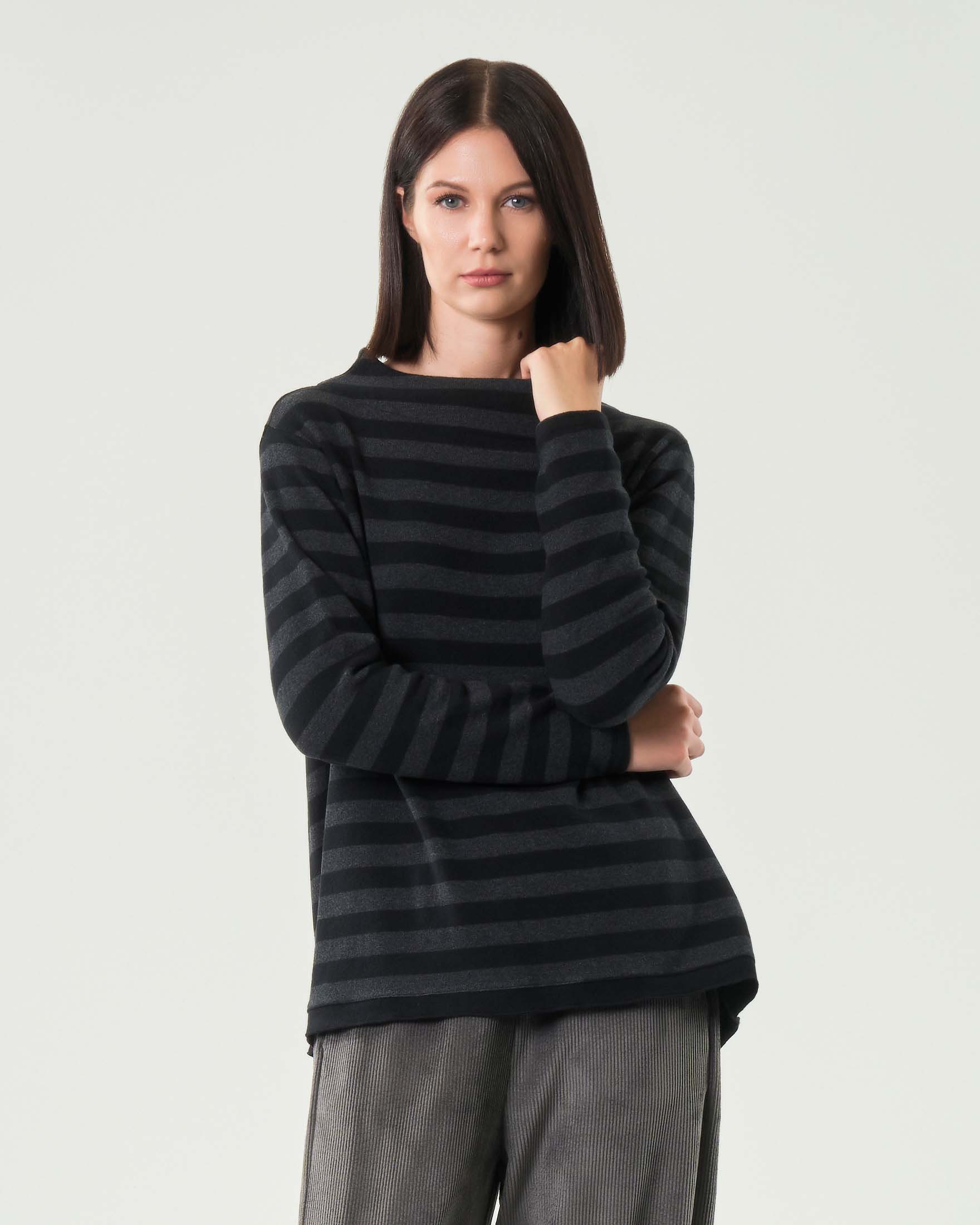 Maglia grigio antracite a righe nere Jurerê in misto cotone con colletto a cratere