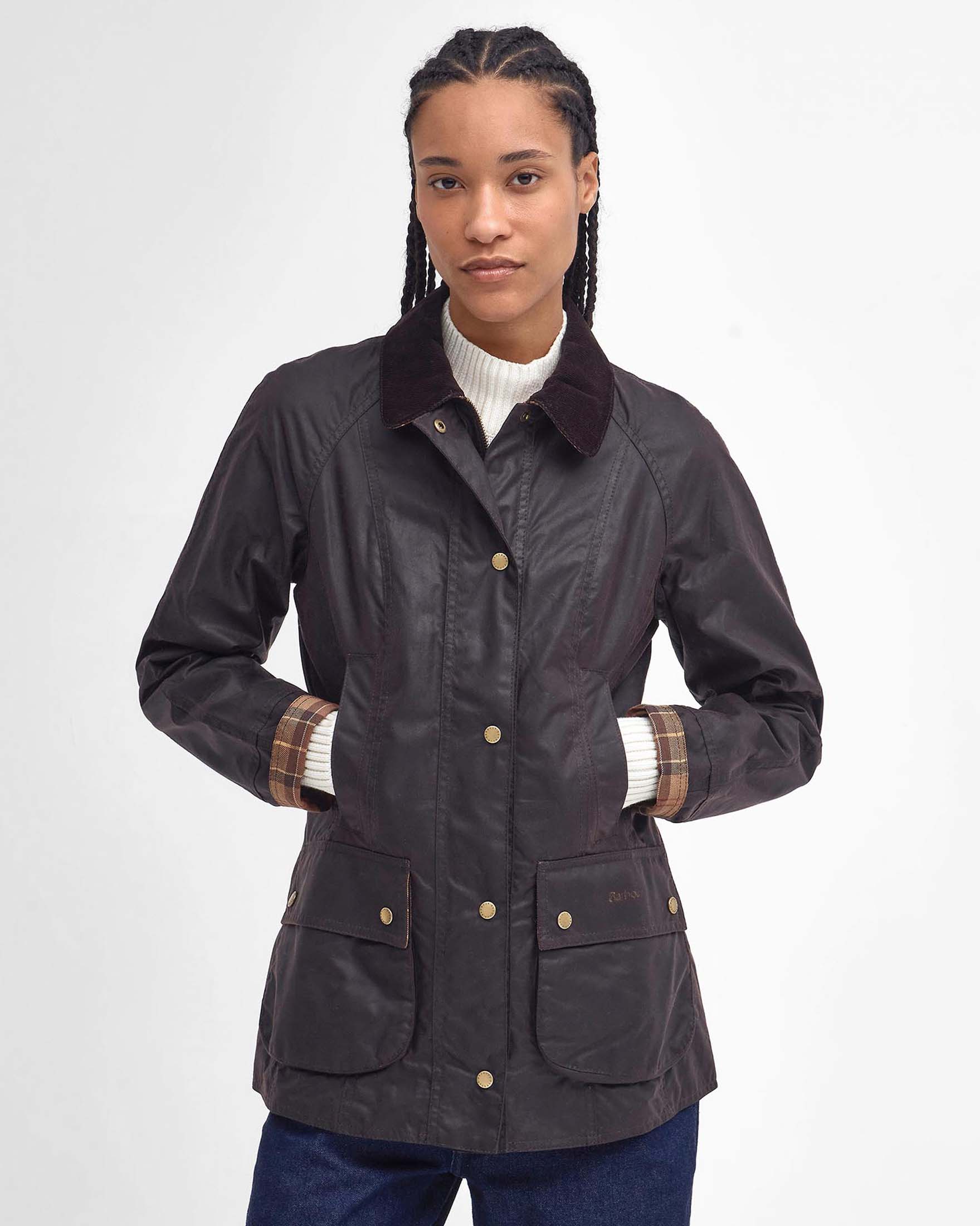 Giacca Classic Beadnell Barbour color testa di moro in cotone cerato e colletto in velluto a costine