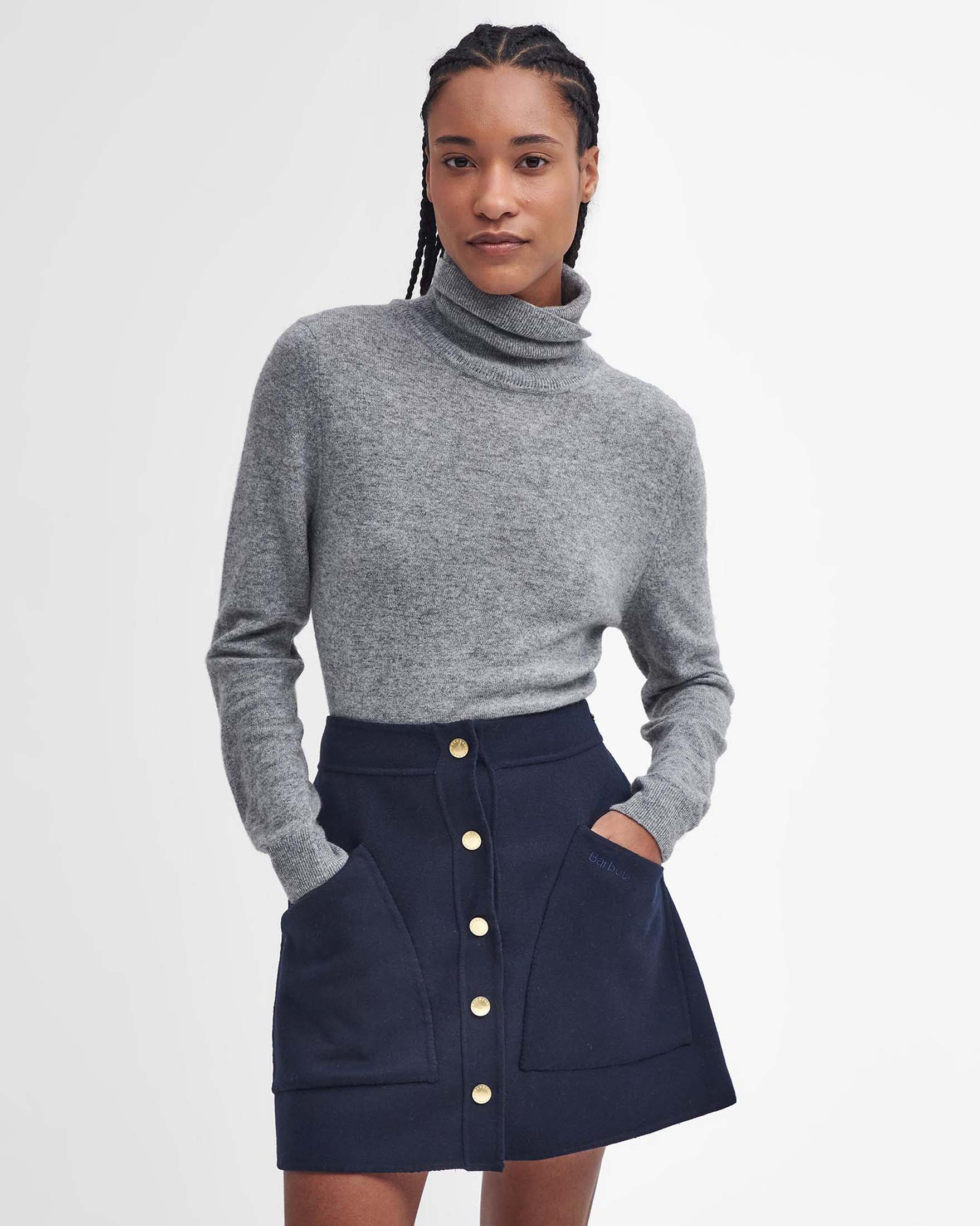 Maglia Pendle Roll Barbour grigia a collo alto in lana e cotone con toppe sui gomiti a fantasia tartan a contrasto