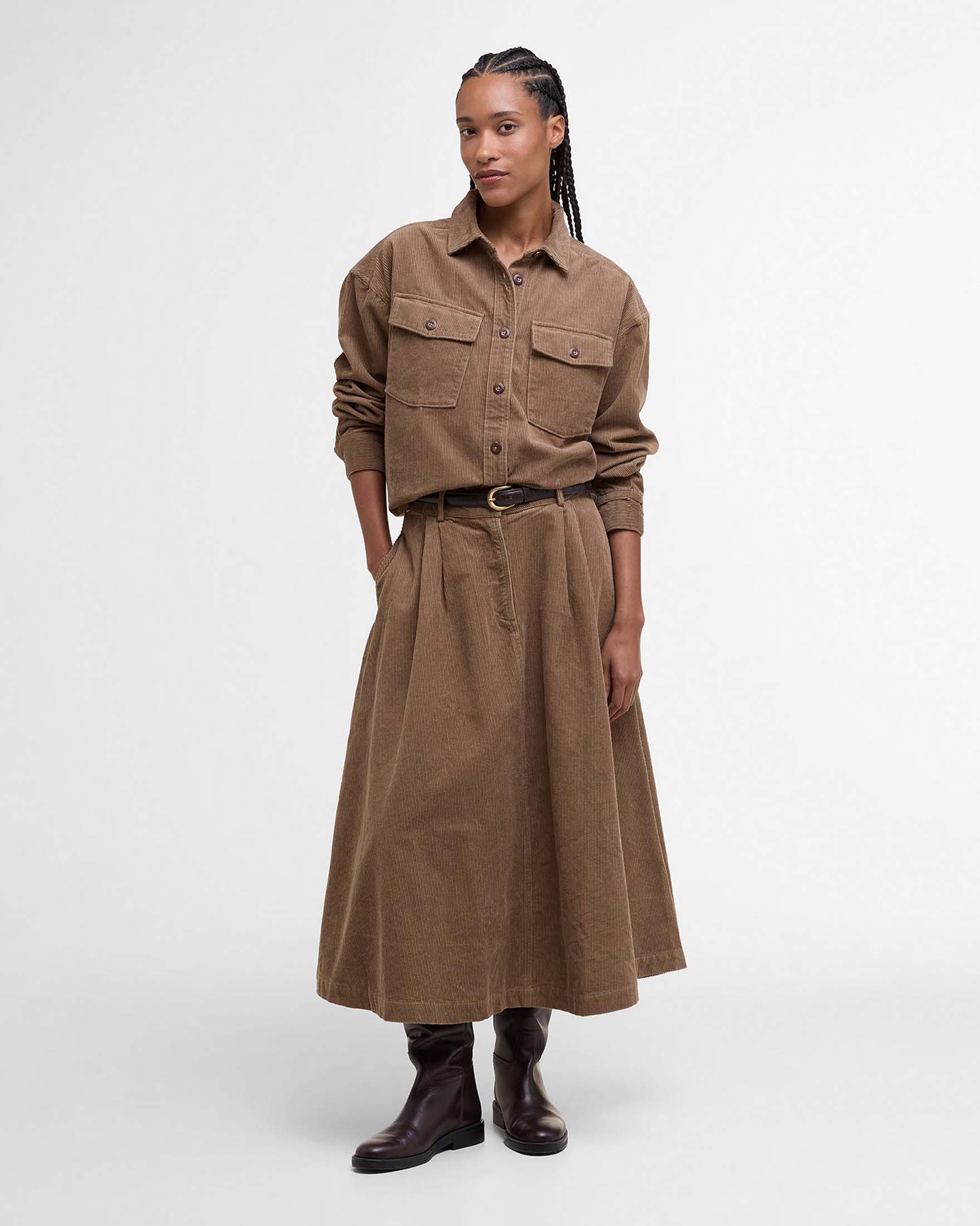 Gonne midi Yasmin Barbour color cammello dalla linea a ruota in velluto a costine con cinturini in vita