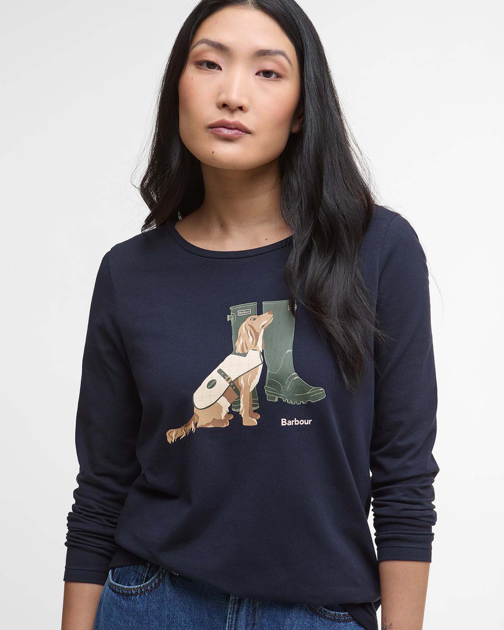 T-shirt blu Barbour in cotone stretch con stampa cane e stivali per la piogga image