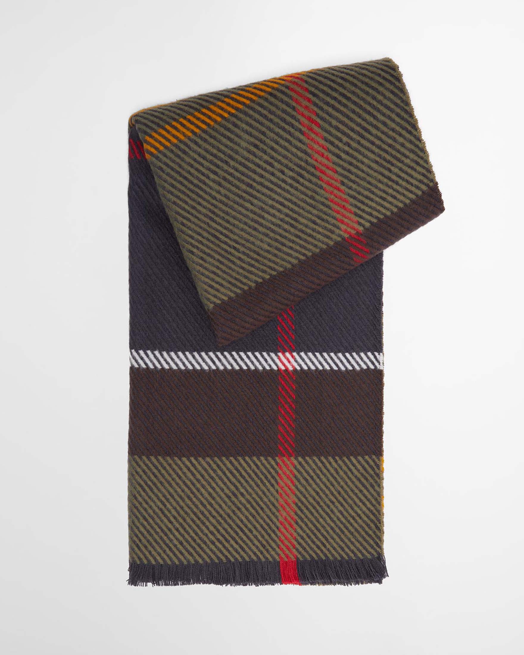 Barbour — Sciarpa Barbour Blair verde a fantasia tartan blu giallo e marrone in morbito twill con frangette al fondo