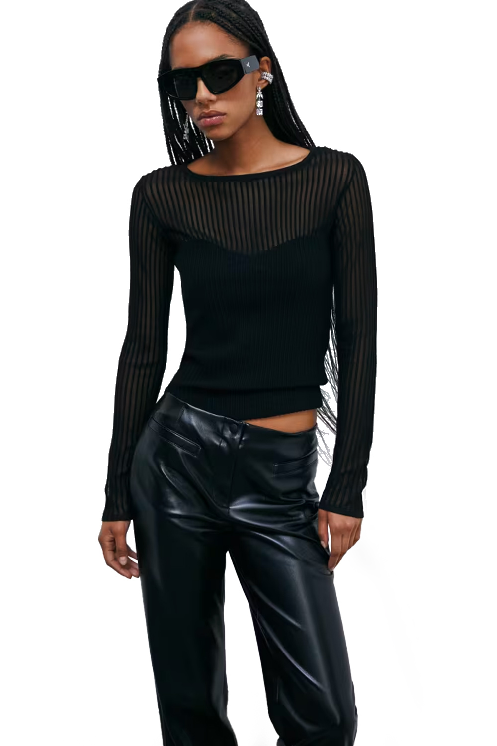 Maglia Aderente a Costine con Dettagli Trasparenti