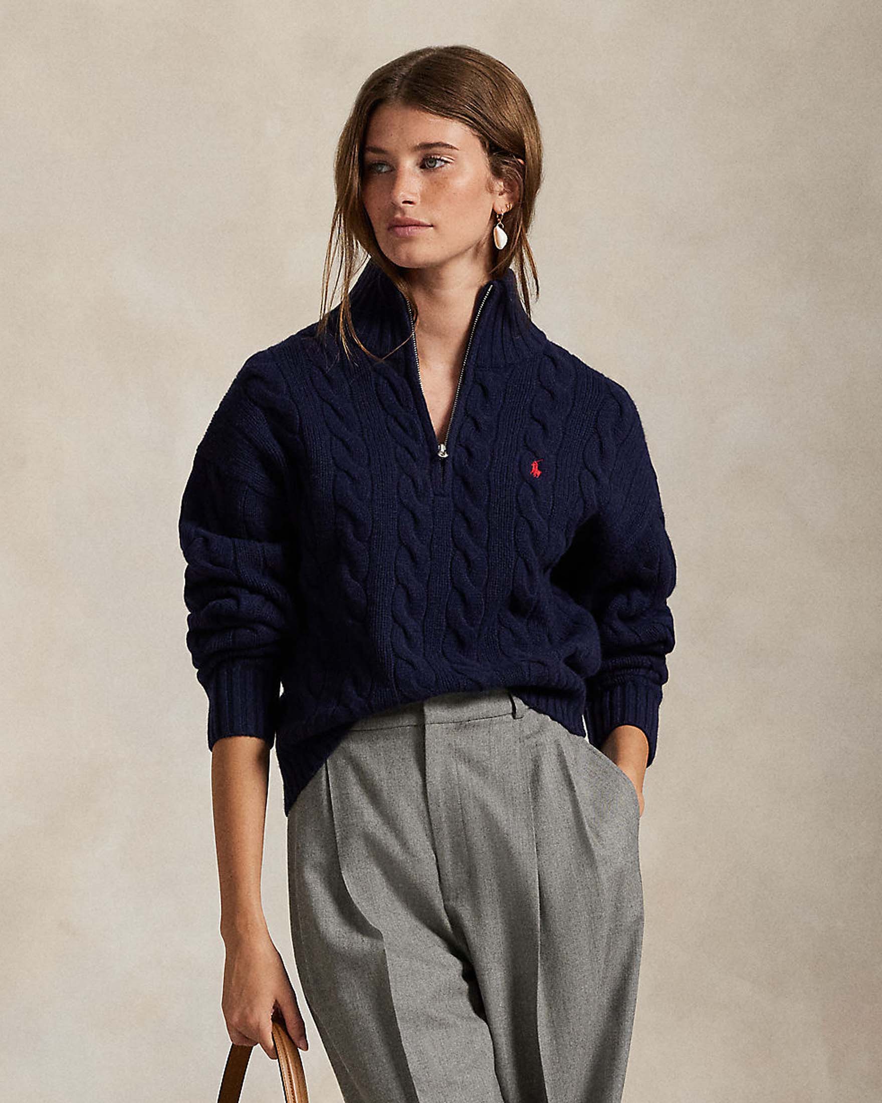 Maglia cropped blu Polo Ralph Lauren a trecce in lana e cashmere con collo alto e chiusura a cerniera