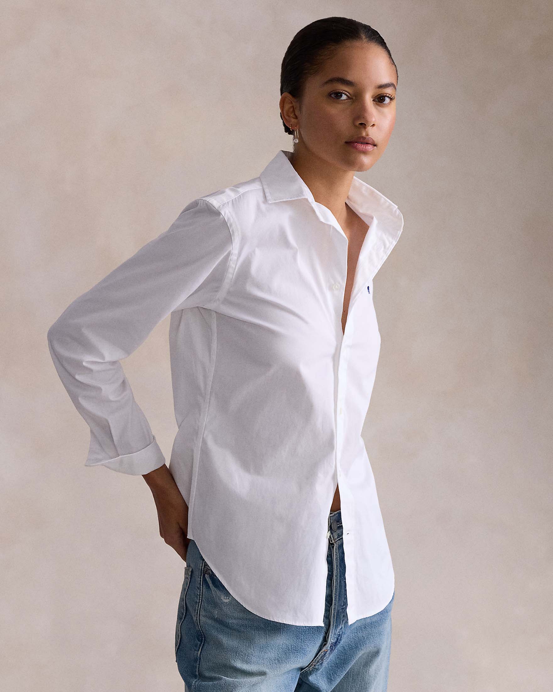Camicia bianca Polo in popeline di cotone con logo blu ricamato sul petto