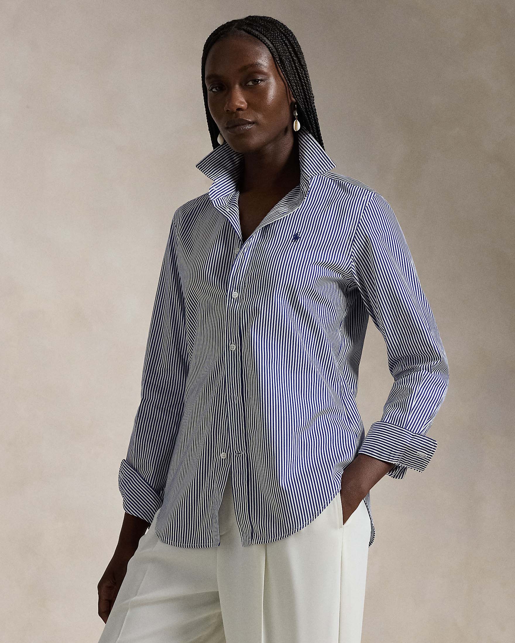 Camicia blu a righe bianche Polo Ralph Lauren in popeline di cotone con logo blu ricamato sul petto