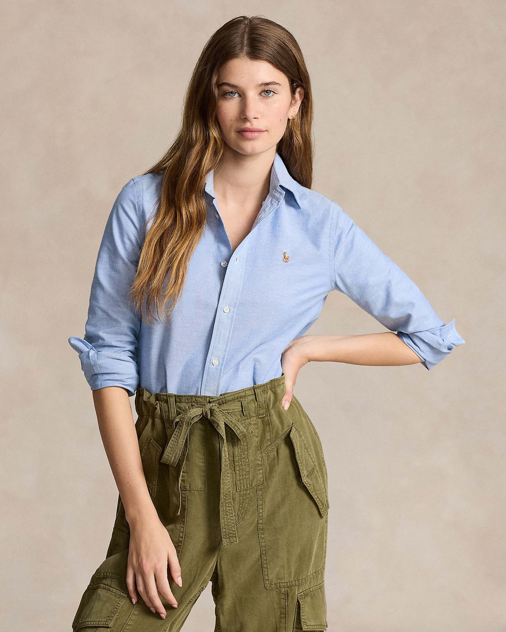 Camicia azzurra Polo in cotone Oxford con logo ricamato sul petto a contrasto