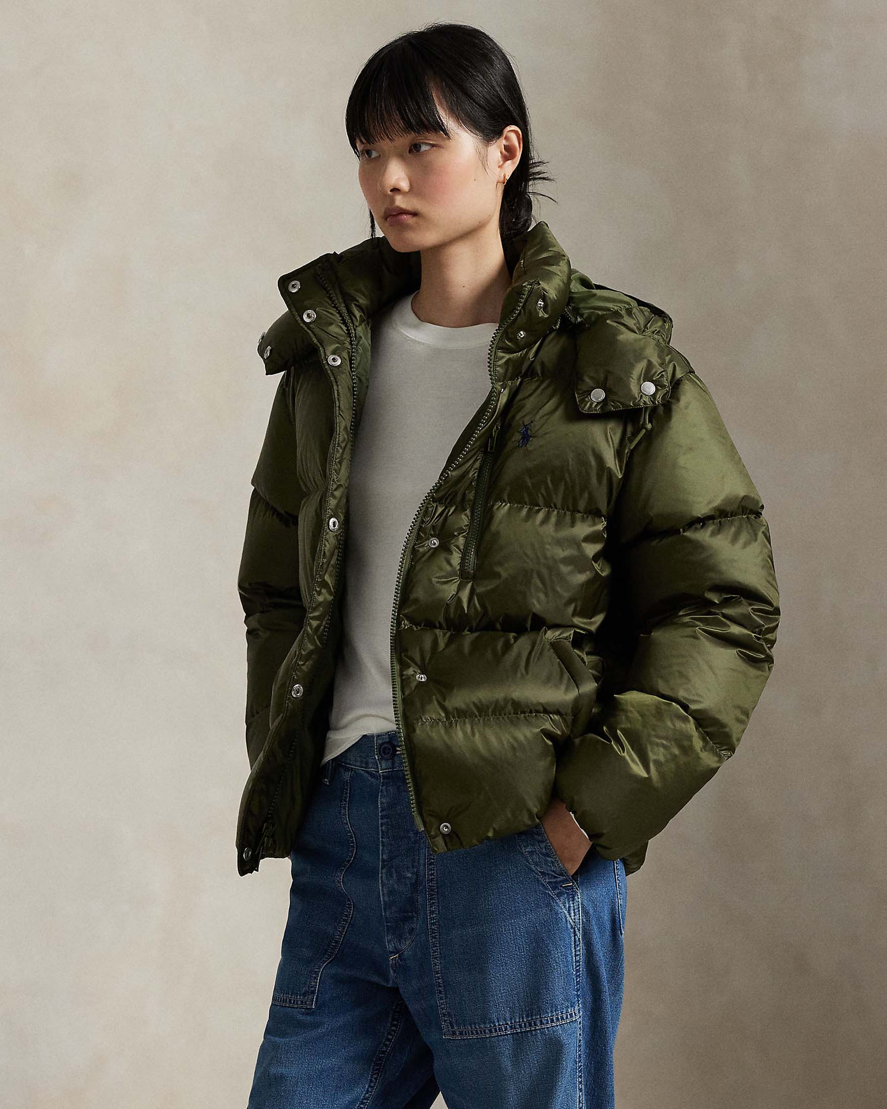 Polo Ralph Lauren — Piumino verde militare Polo Ralph Lauren con imbottitura in piuma naturale e cappuccio removibile