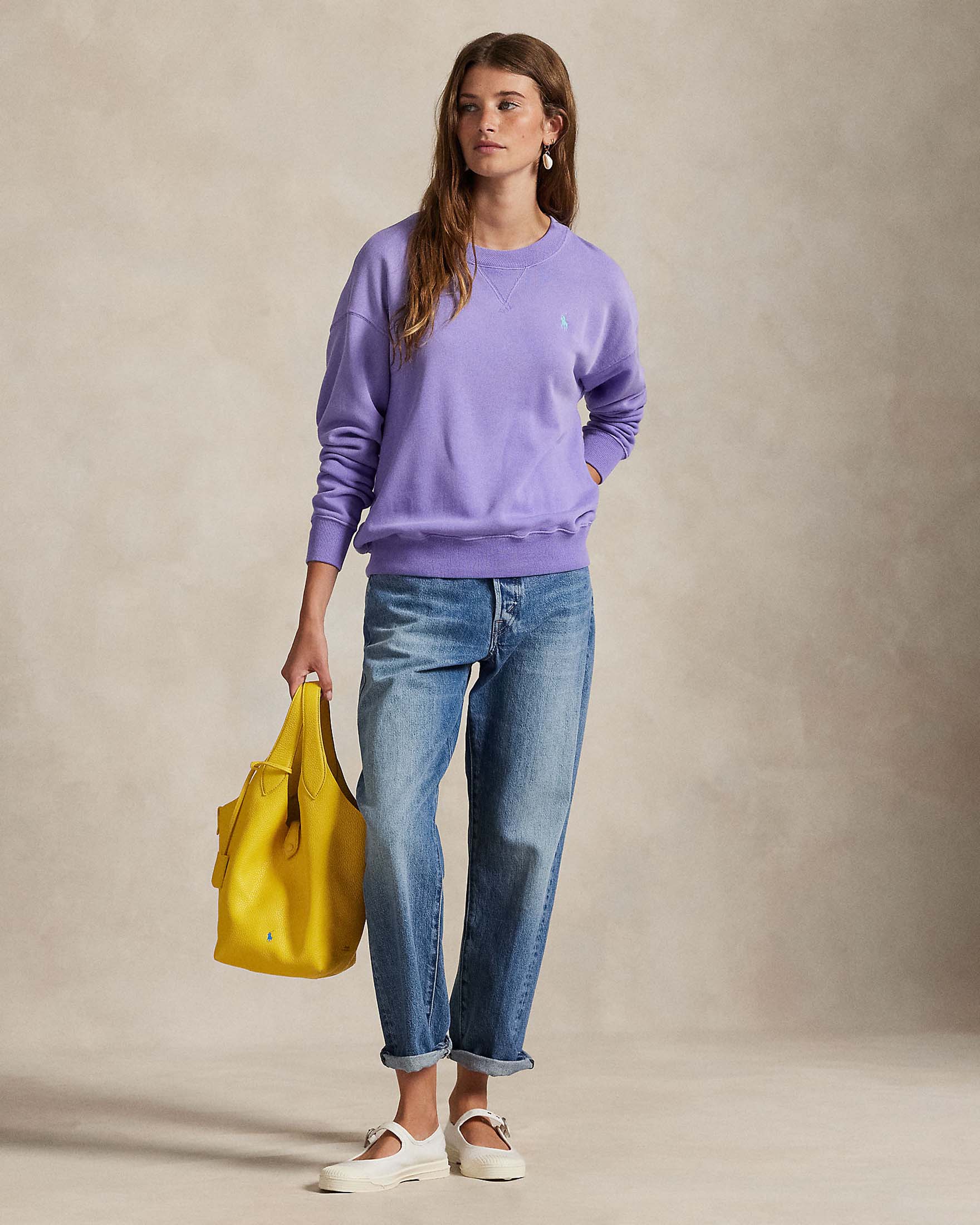 Felpa color lilla Polo Ralph Lauren in misto cotone garzato con logo a contrasto ricamato sul petto image