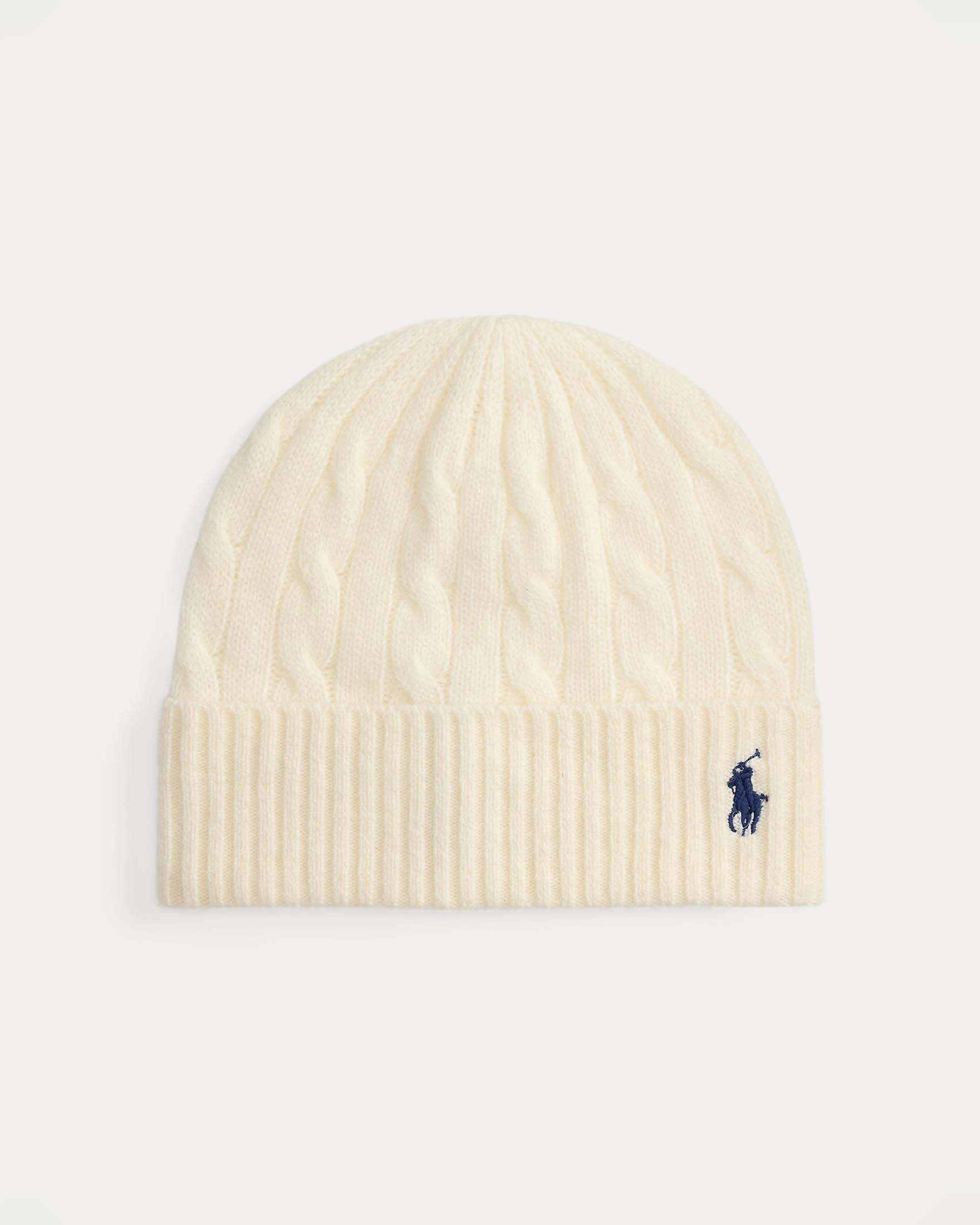 Berretto color avorio Polo Ralph Lauren in lana e cashmere a trecce con logo ricamato a contrasto sul risvolto