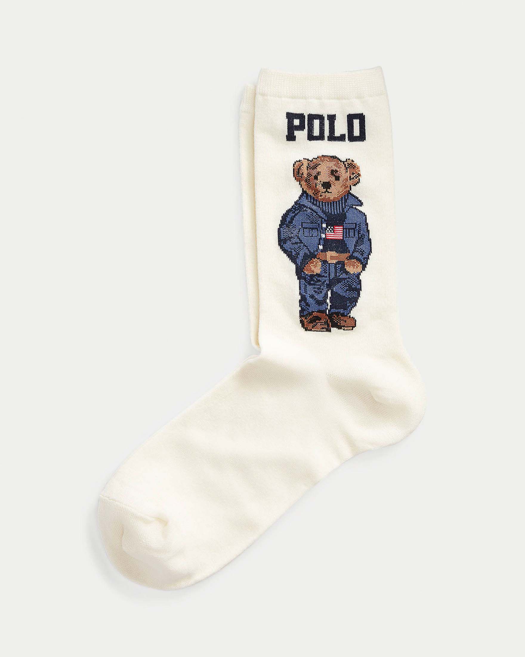 Calzini avorio in misto cotone con Polo Bear jacquard sul fianco