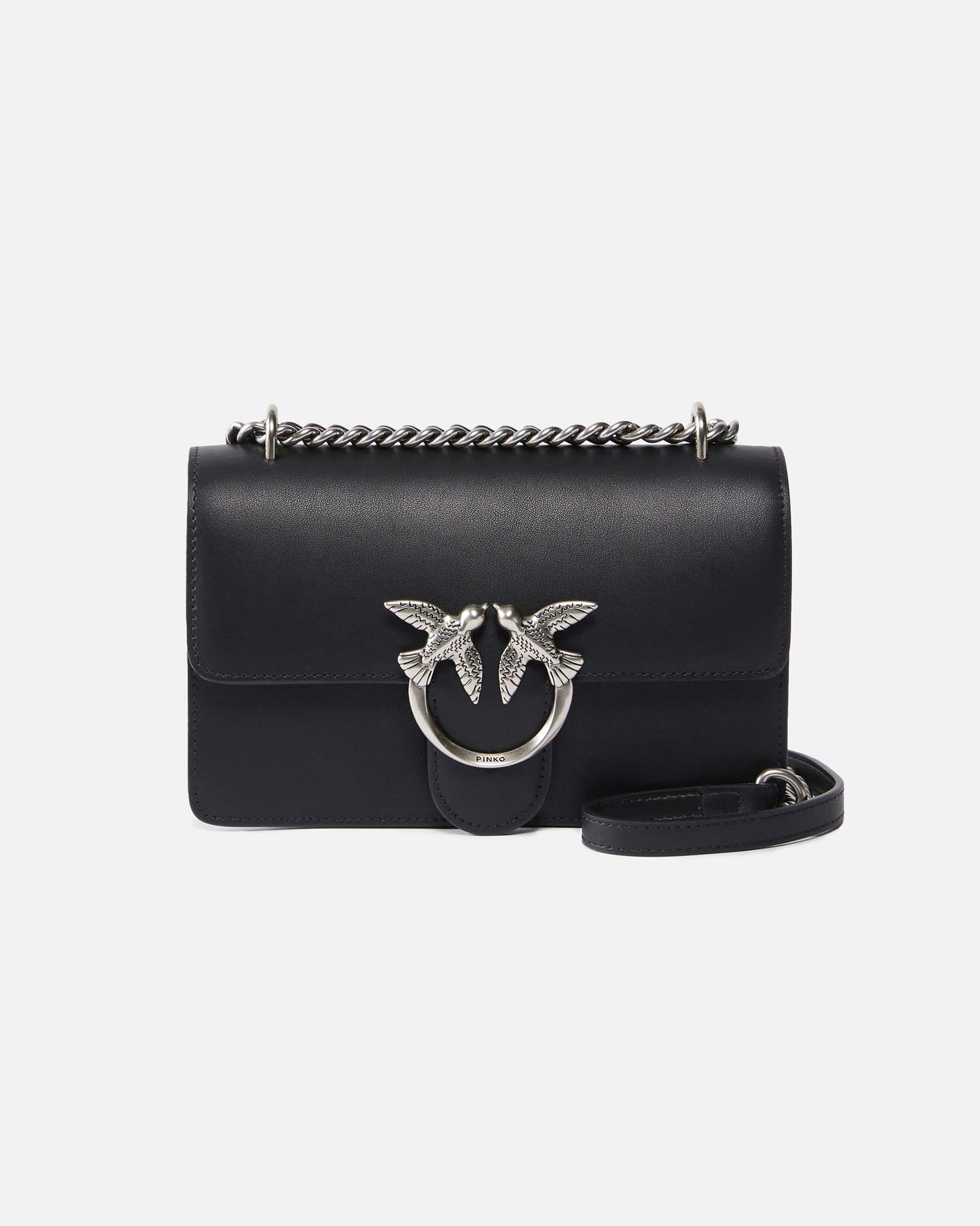 Mini Classic Love Bag one Simply in pelle liscia nera con fibbia argento Love Birds e tracolla a catena regolabile
