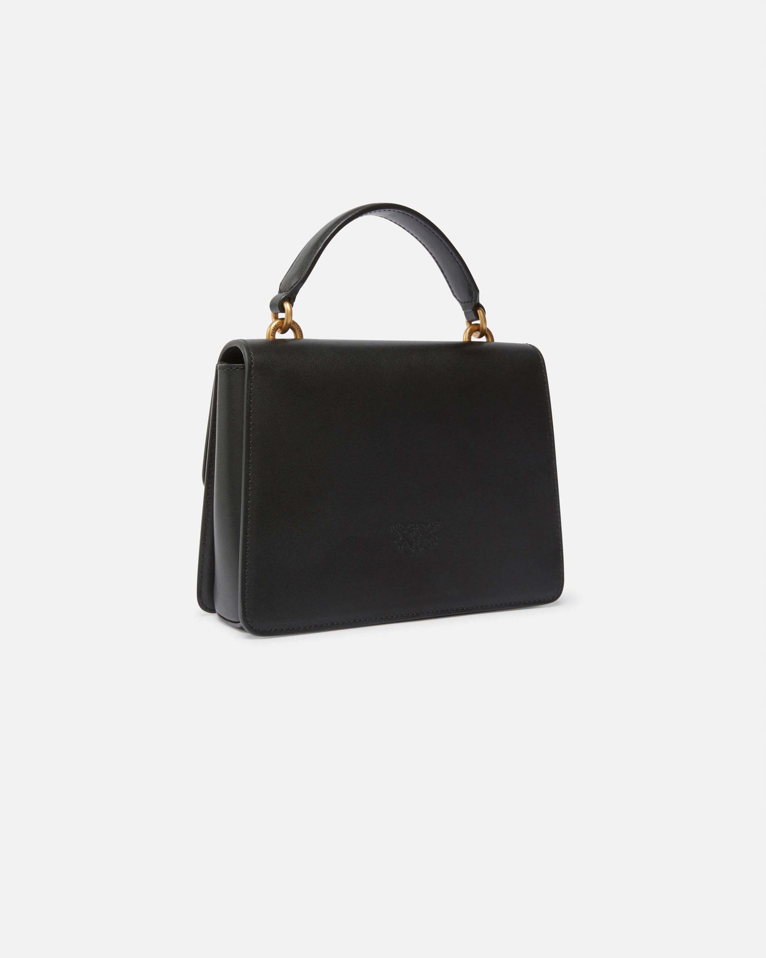 Mini Love Bag Top Handle Light nera Pinko in pelle liscia a forma a trapezio con fibbia Love Birds e tracolla a catena