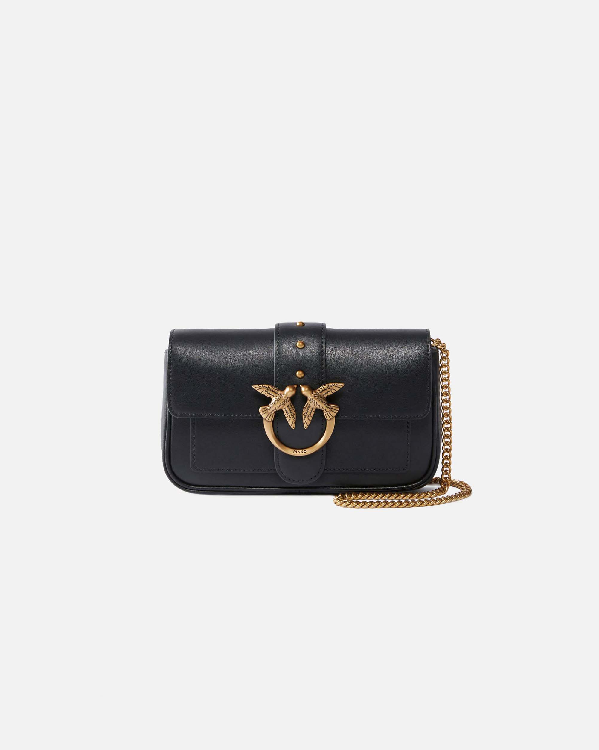 Pocket One Love Bag in pelle nera con patta di chiusura e fibbia dorata Love Birds
